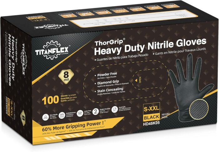 TitanFlex Thor Grip Heavy Duty Black Industrial Nitrile Gloves with Raised Diamond Texture, 8-mil, Latex Free - Image 2