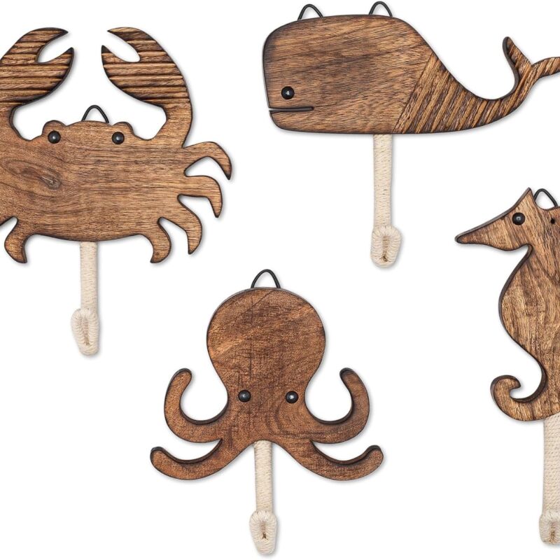 Crane Baby Sea Life Wooden Wall Hooks, Set of 4 Wood Wall Hooks, Ocean Nursery Decor, Wood Towel Hook, Kids Towel Hooks, Kids Coat Hooks, Kids Wall Hooks, Handmade Wooden Nursery Décor