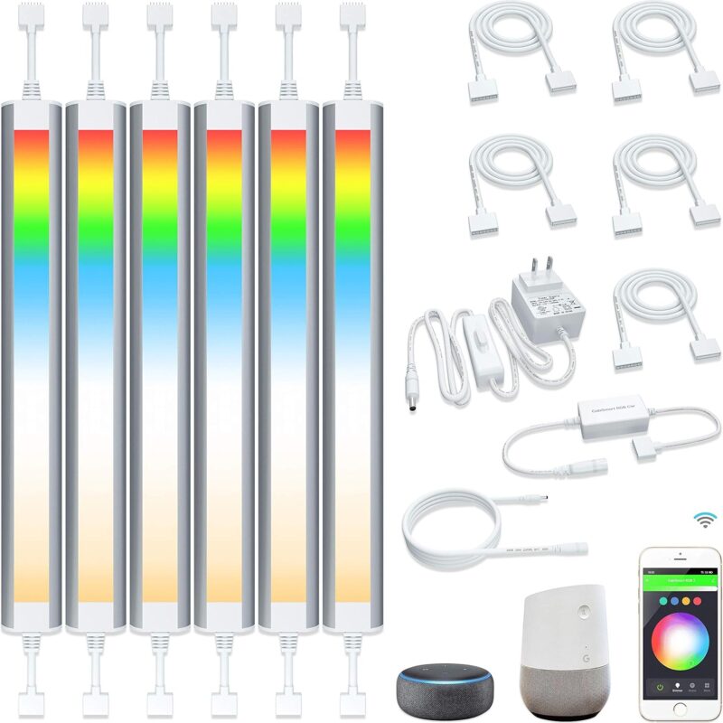Smart Under Cabinet Lighting Strip Lights White & Color Changing Dimmable Work with Alexa Google Smart Thing Phone App, RGB Multi Colored Lamp for Kitchen Counter Light Fixture (6 Lights Bar Kit)