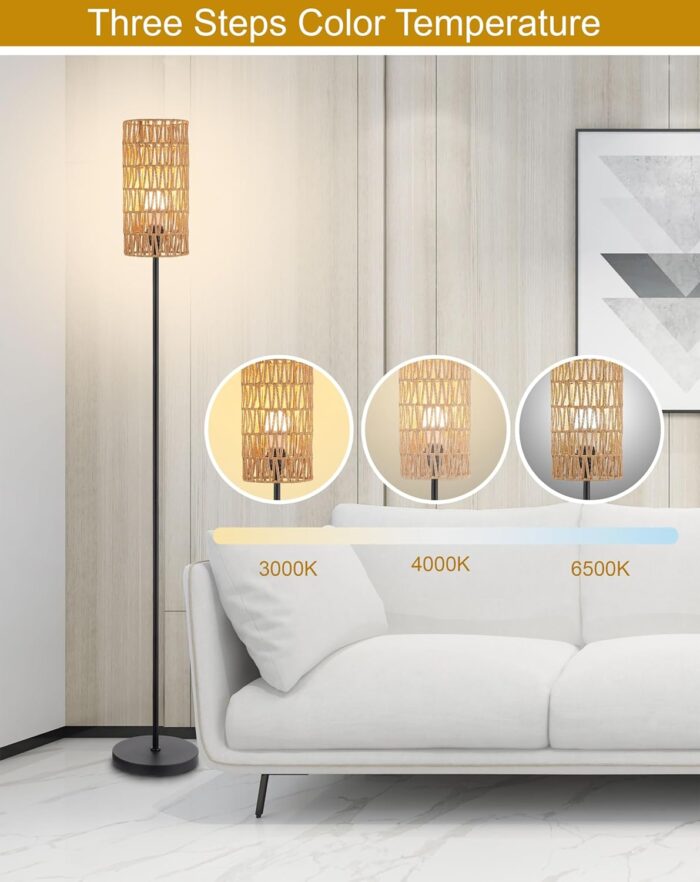 Floor Lamp for Living Room,Farmhouse Rattan Floor lamp,Modern Standing lamp with Hand-Worked Rattan Shade,Black Tall Lamp with Foot Switch - Image 5