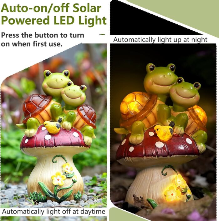 Solar Light Turtle Garden Statue, Turtle on Mushroom Figurine, Lovely Tortoise Garden Statue with 5 LED Lights for Patio, Balcony, Yard, Housewarming, Lawn Ornament, Outdoor Lawn Decor - Image 3
