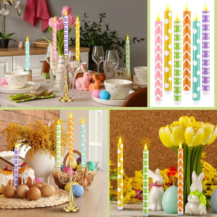 Honoson 6 Pcs Easter Flameless Taper Candles 10.6 Inch Colorful Candles Battery Operated LED Candlesticks for Easter Dinner Table Home Party Decor - Image 7