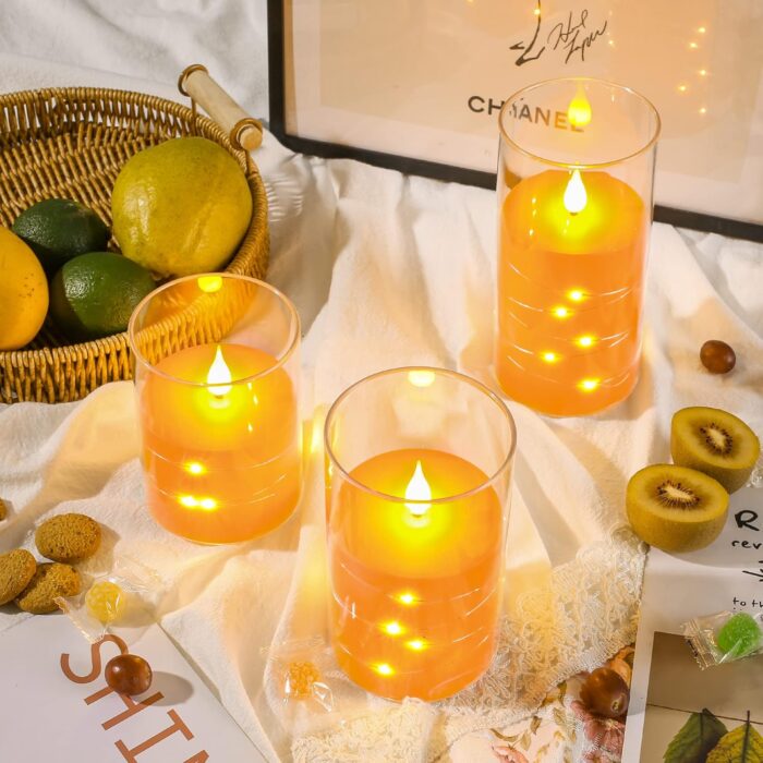 Da by Flickering Flameless Candles with Embedded Star String Lights, Battery Operated Candles with Remote and Timer,Acrylic LED Pillar Candles for Autumn Home Décor,Set of 3 -Orange - Image 6