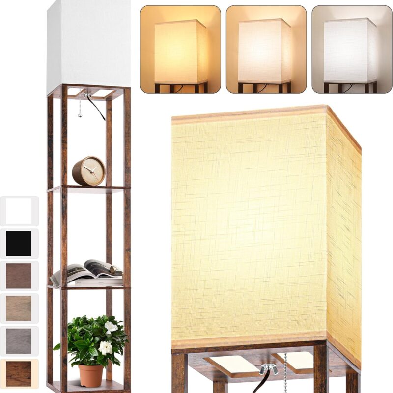 Floor Lamp with Shelves for Living Room Brown, Shelf Floor Lamp with 3 CCT LED Bulb, Corner Display Standing Column Lamp Etagere Organizer Tower Nightstand with White Linen Shade for Bedroom