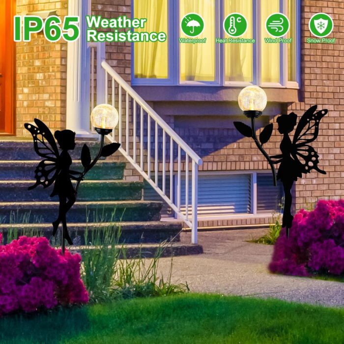 Ouddy Decor 2 Pack Solar Fairy Garden Decor, Metal Statues with Crackle Glass Globe Lights Silhouette Waterproof for Outdoor Lawn Patio Yard Pathway Home Decorations Gardening Gifts - Image 4