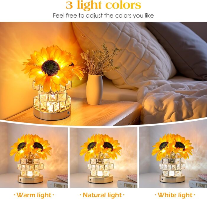 Sunflowers Flower Lamp,Rechargeable Cordless Touch Table Lamp,3-Colour Infinitely Dimming Battery Powered Small Night Light,Festival Restaurant Bedroom Bar Coffee Shop Birthday Gifts for Women Mom - Image 3