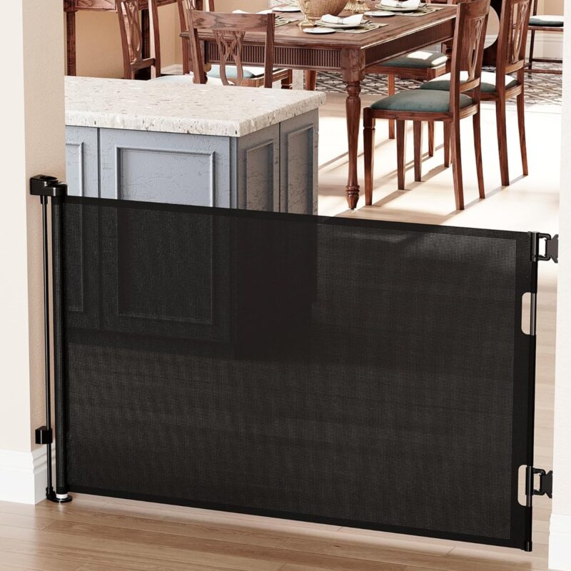 Cumbor Baby Gate Retractable Gates for Stairs, Mesh Dog Gate for The House, Wide Pet Gate 33" Tall, Extends to 55" Wide, Long Child Safety Gates for Doorways, Hallways, Cat Gate Indoor/Outdoor(Black)