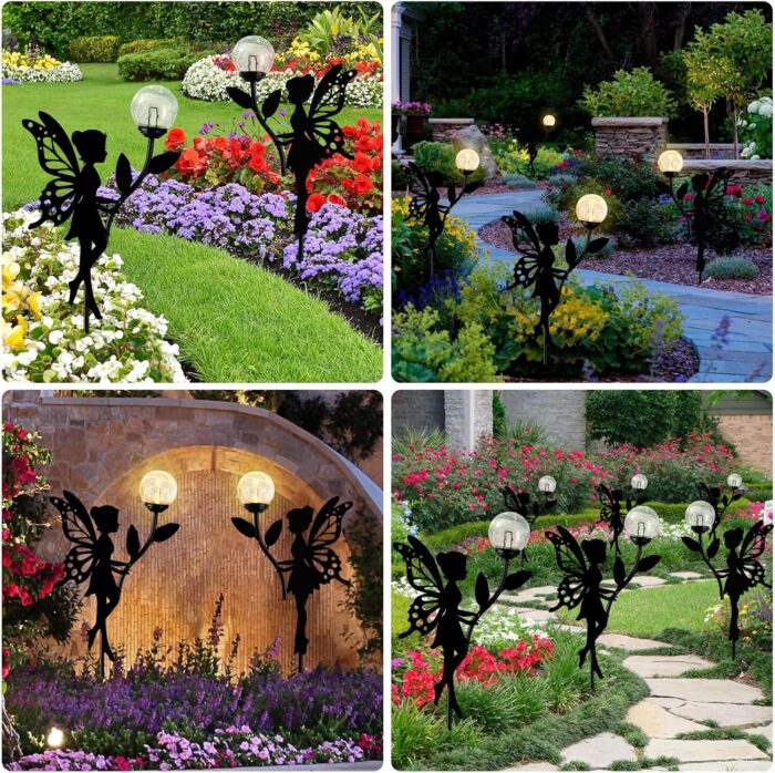 Ouddy Decor 2 Pack Solar Fairy Garden Decor, Metal Statues with Crackle Glass Globe Lights Silhouette Waterproof for Outdoor Lawn Patio Yard Pathway Home Decorations Gardening Gifts - Image 5