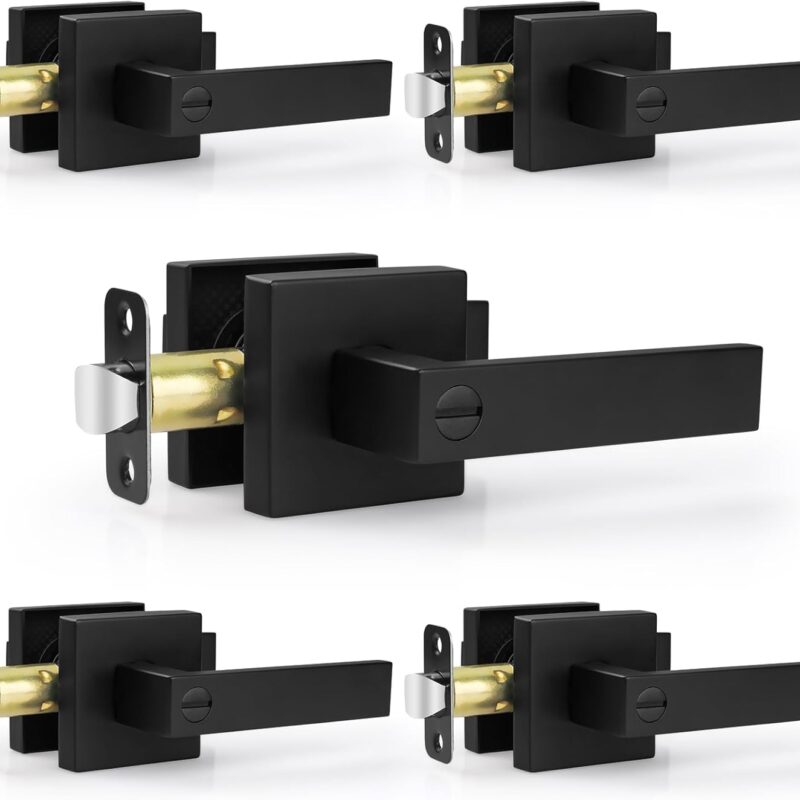 5 Pack Door Handles Black Interior Door Knobs, Keyless Privacy Door Levers with Lock, Heavy Duty Zinc Alloy 2.07 lb Door Lock Set for Bedrooms Bathrooms