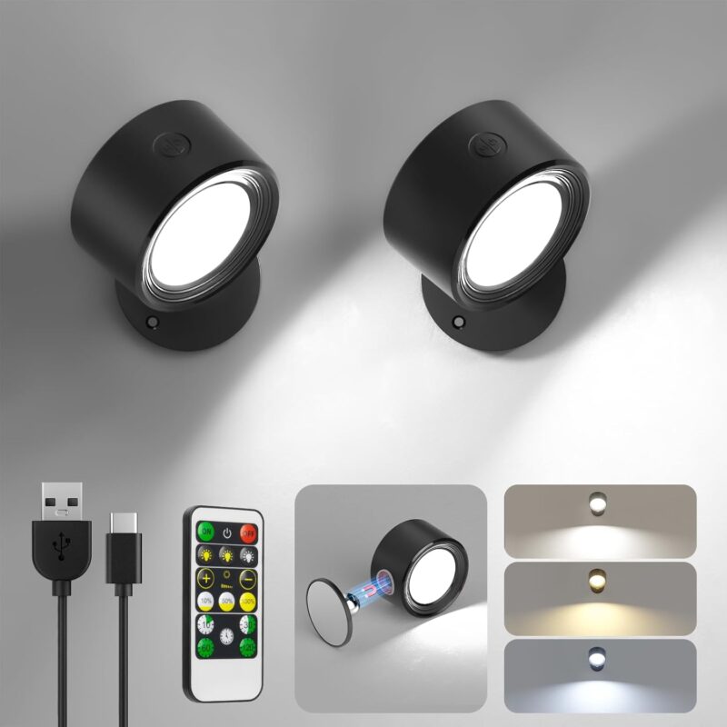 LED Wall Mounted Lights 2 Pcs with Remote, Wall Sconces Lamp 3000mAh Rechargeable Battery Operated, 3 Color Temperatures & Dimmable Magnetic 360° Rotation Cordless Light for Bedroom Bedside