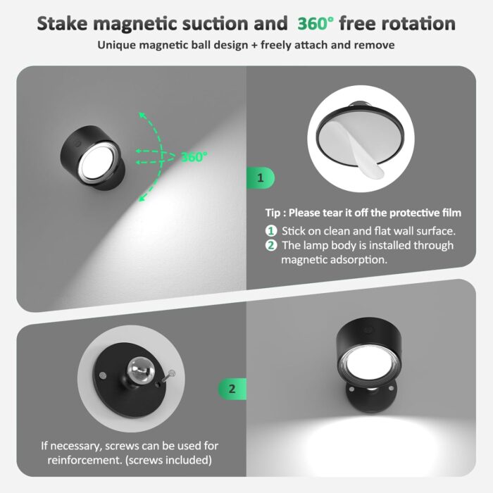 LED Wall Mounted Lights 2 Pcs with Remote, Wall Sconces Lamp 3000mAh Rechargeable Battery Operated, 3 Color Temperatures & Dimmable Magnetic 360° Rotation Cordless Light for Bedroom Bedside - Image 5