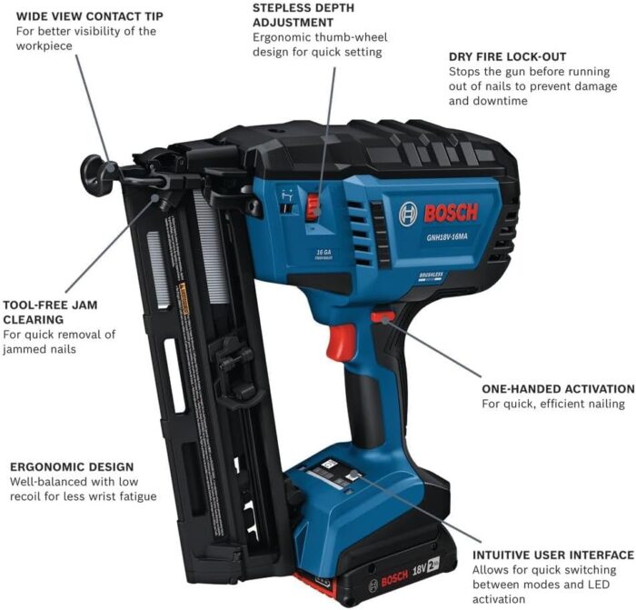 BOSCH GNH18V-15MAN 18V Brushless 15-Gauge Angled Finish Nailer - Precision for Tight Spaces, Fastens up to 1,200 Nails per Charge, One-Handed Activation, Tool-Free Jam Clearing, Belt Hook (Bare Tool) - Image 2