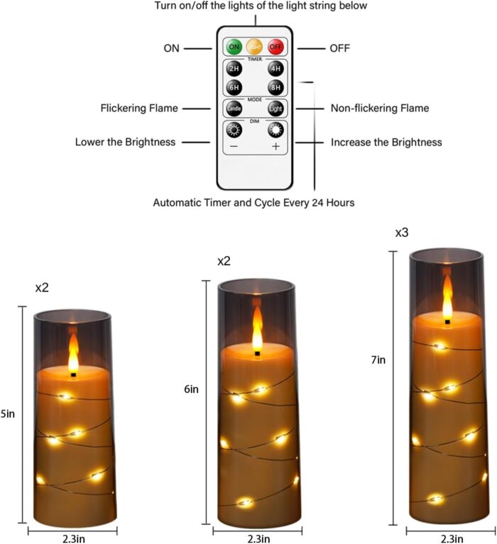 Flameless Candles,with Embedded Star String, Battery Operated Candles Flickering LED Pillar Candles with Remote Control and Timer, Home Decoration Add a Warm and Romantic Atmosphere，Set of 7 (Grey) - Image 5