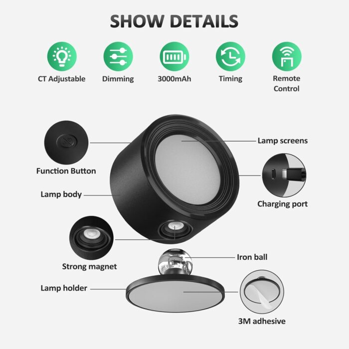 LED Wall Mounted Lights 2 Pcs with Remote, Wall Sconces Lamp 3000mAh Rechargeable Battery Operated, 3 Color Temperatures & Dimmable Magnetic 360° Rotation Cordless Light for Bedroom Bedside - Image 6