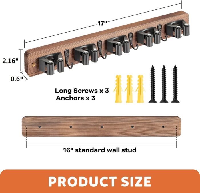 IMILLET Broom Holder Wall Mount, Rustic Wood Broom Hanger with 5 Racks and 4 Hooks, Laundry Room Organization and Storage, Mop Holder for Home Decor, Garden, Garage, Kitchen, Closet - Image 5