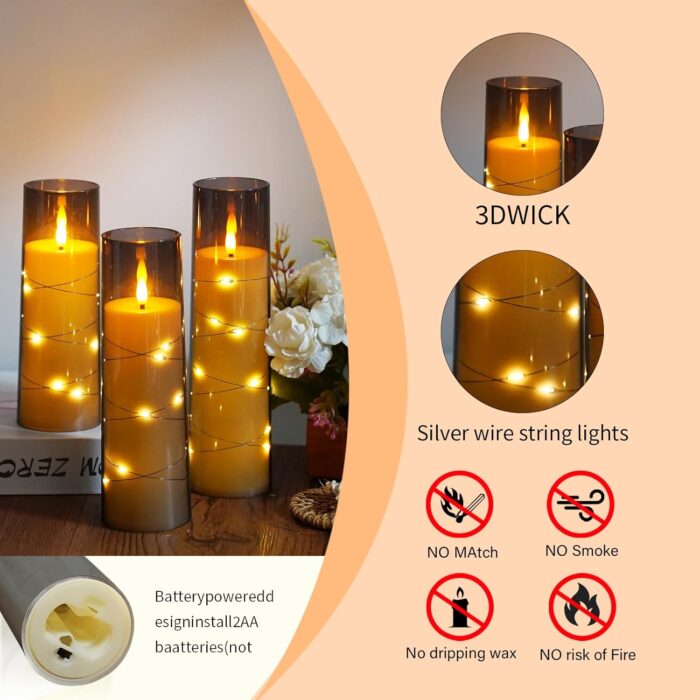 Flameless Candles,with Embedded Star String, Battery Operated Candles Flickering LED Pillar Candles with Remote Control and Timer, Home Decoration Add a Warm and Romantic Atmosphere，Set of 7 (Grey) - Image 6