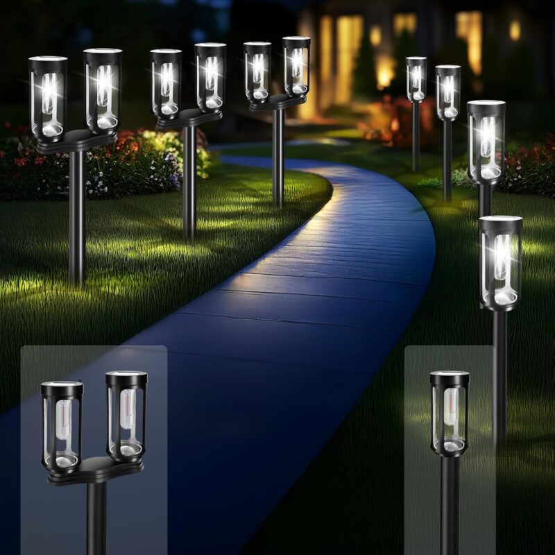 Solar Pathway Lights Outdoor Waterproof, 8 White LED Solar Powered Garden Light Decorations, Auto On/Off Outdoor Light for Yard Patio Lawn Walkway Garden Decor (8 Single or 4 Double Lights)