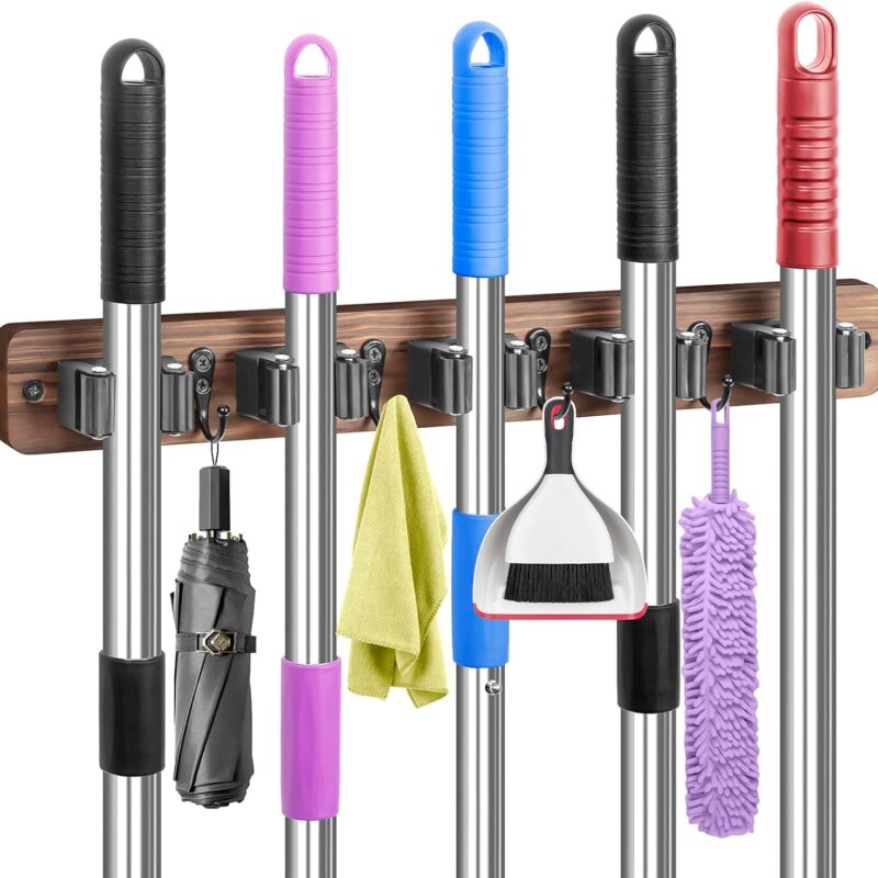 IMILLET Broom Holder Wall Mount, Rustic Wood Broom Hanger with 5 Racks and 4 Hooks, Laundry Room Organization and Storage, Mop Holder for Home Decor, Garden, Garage, Kitchen, Closet