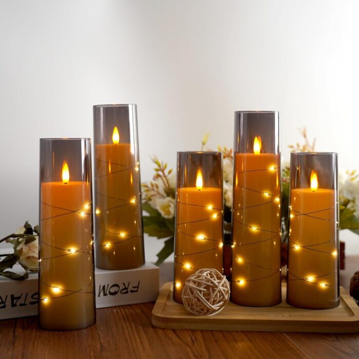 Flameless Candles,with Embedded Star String, Battery Operated Candles Flickering LED Pillar Candles with Remote Control and Timer, Home Decoration Add a Warm and Romantic Atmosphere，Set of 7 (Grey) - Image 2