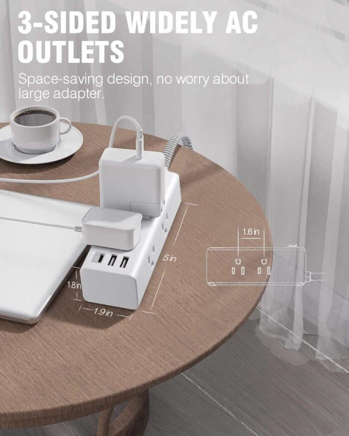 Power Strip Surge Protector - 6 Widely Outlets with 3 USB Ports (1 USB C), 3-Side Outlet Extender Strip, 5 Ft Extension Cord Flat Plug, Wall Mount Small Power Strip for Travel Home Office College Dorm - Image 4
