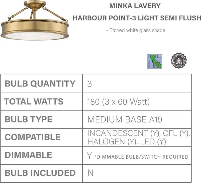 Minka Lavery Semi Flush Mount Ceiling Light 4177-249, Harbour Point Glass Lighting Fixture, 3 Light, Liberty Gold - Image 4