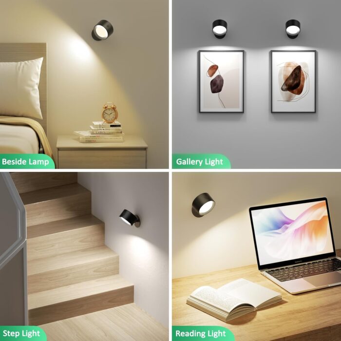 LED Wall Mounted Lights 2 Pcs with Remote, Wall Sconces Lamp 3000mAh Rechargeable Battery Operated, 3 Color Temperatures & Dimmable Magnetic 360° Rotation Cordless Light for Bedroom Bedside - Image 2