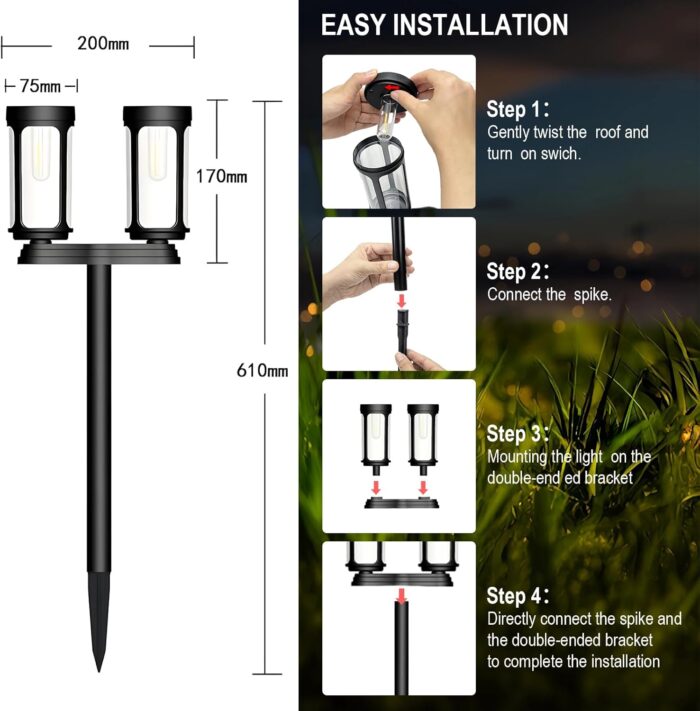 Solar Pathway Lights Outdoor Waterproof, 8 White LED Solar Powered Garden Light Decorations, Auto On/Off Outdoor Light for Yard Patio Lawn Walkway Garden Decor (8 Single or 4 Double Lights) - Image 6