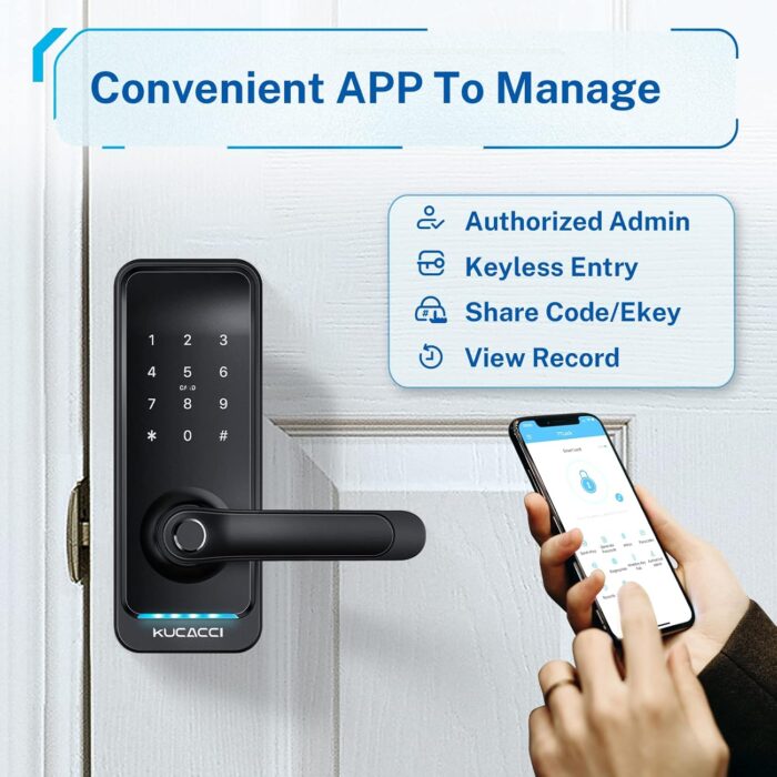 Smart Door Lock with Handle: Kucacci Keyless Entry Digital Door Lock for Front Door - Fingerprint Keypad Smart Dnob - Generate Passcode Remotely - App Control - Easy Installation(Black) - Image 3