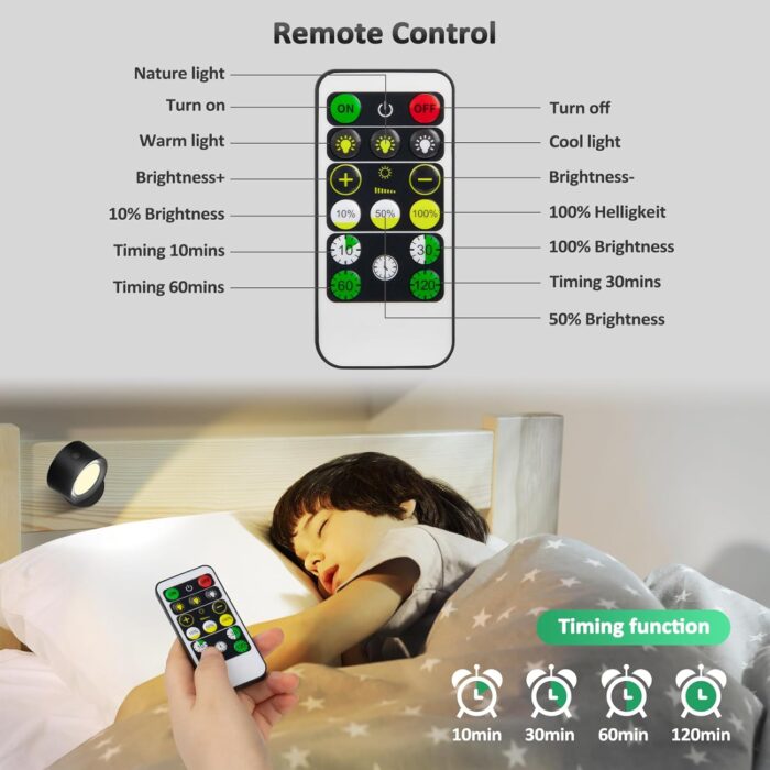 LED Wall Mounted Lights 2 Pcs with Remote, Wall Sconces Lamp 3000mAh Rechargeable Battery Operated, 3 Color Temperatures & Dimmable Magnetic 360° Rotation Cordless Light for Bedroom Bedside - Image 4