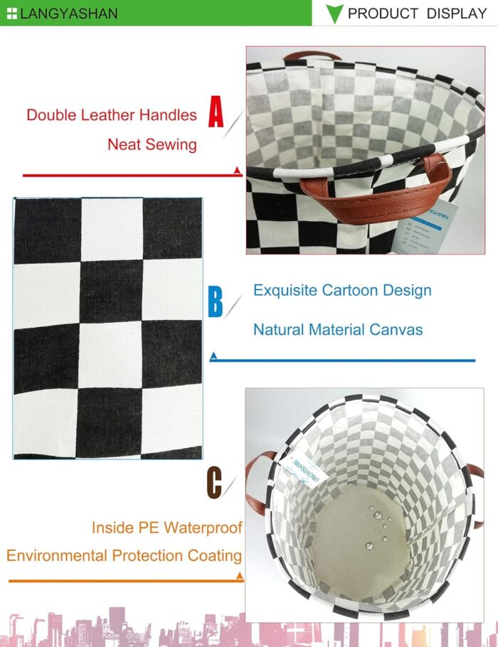 LANGYASHAN Laundry Basket Canvas Fabric Collapsible Organizer Basket for Storage Bin Toy Bins Gift Baskets Bedroom Clothes Children Nursery Hamper (Racing Flag) - Image 5