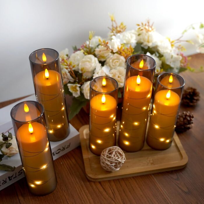 Flameless Candles,with Embedded Star String, Battery Operated Candles Flickering LED Pillar Candles with Remote Control and Timer, Home Decoration Add a Warm and Romantic Atmosphere，Set of 7 (Grey) - Image 4