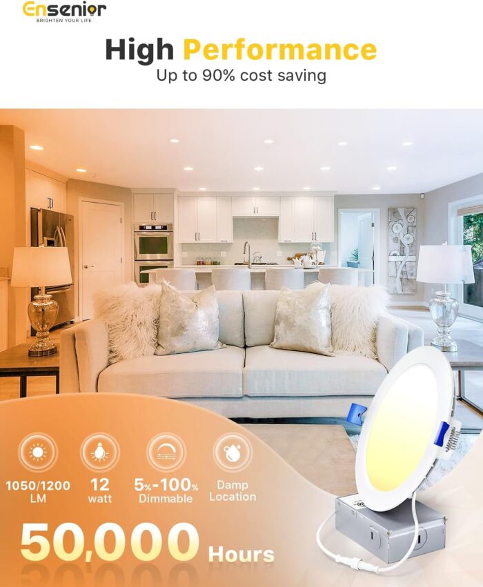 Ensenior 12 Pack 6 Inch LED Recessed Ceiling Light, Dimmable, 2700K-5000K 5CCT, 1200LM 12W 120V, High Brightness Canless Wafer Downlight - ETL&FCC&IC - Image 3