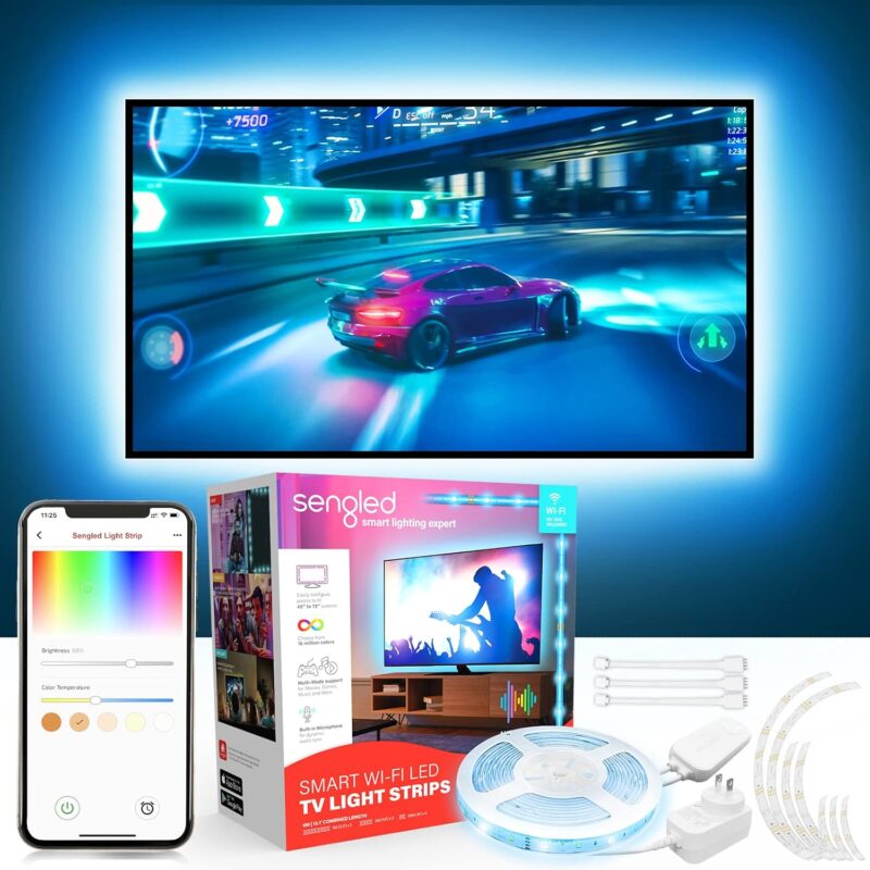 Sengled Smart TV LED Backlights for 45-75 inch TVs, 8 PCS Segmented Strip Lights, Work with Alexa Google Home, Music Sync Wi-Fi RGB Ambient Lighting, Grouping, Adjustable Length, 25,000 Hours