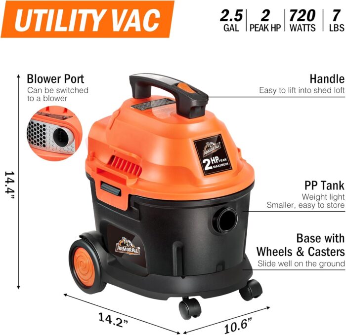 Armor All AA255W Wet/Dry Utility Vac 2.5 Gallon, 2.5-Gallon,120 Volts (AC), Orange/Black - Image 3