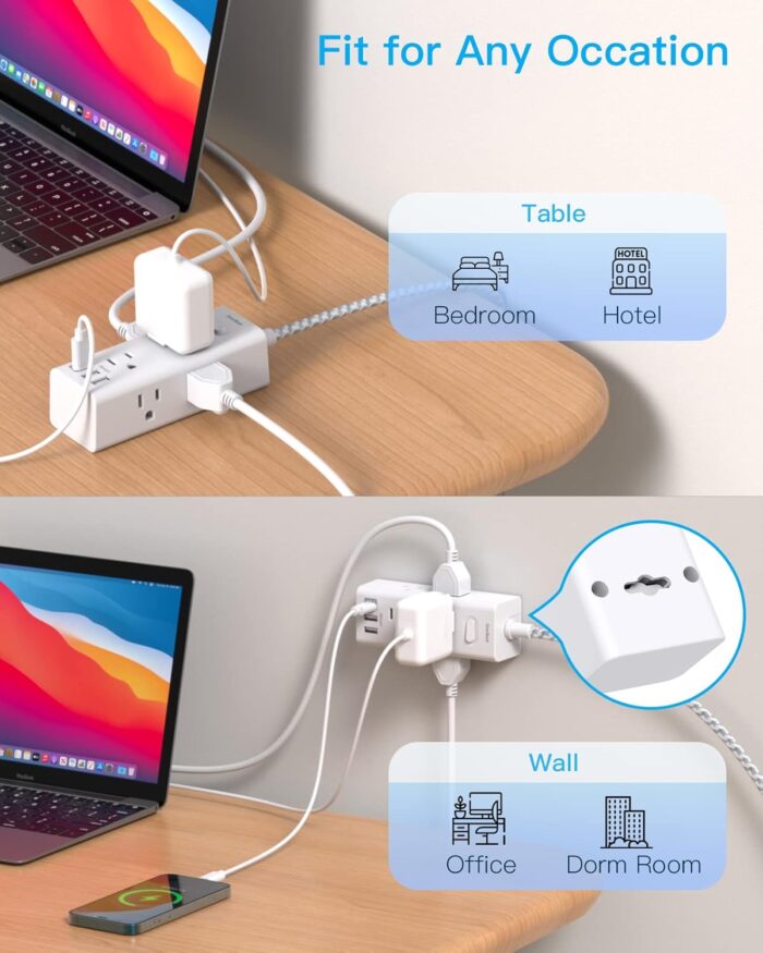 Power Strip Surge Protector - 6 Widely Outlets with 3 USB Ports (1 USB C), 3-Side Outlet Extender Strip, 5 Ft Extension Cord Flat Plug, Wall Mount Small Power Strip for Travel Home Office College Dorm - Image 5