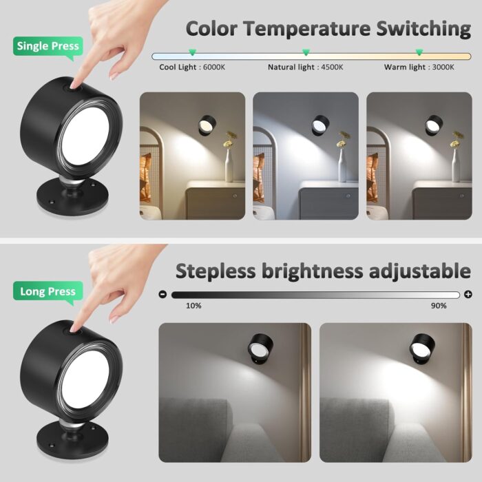 LED Wall Mounted Lights 2 Pcs with Remote, Wall Sconces Lamp 3000mAh Rechargeable Battery Operated, 3 Color Temperatures & Dimmable Magnetic 360° Rotation Cordless Light for Bedroom Bedside - Image 3