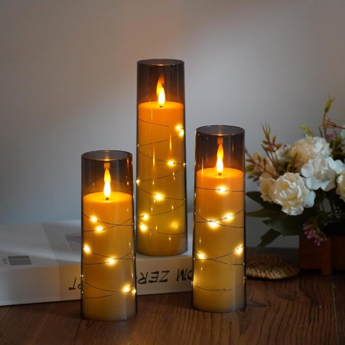 Flameless Candles,with Embedded Star String, Battery Operated Candles Flickering LED Pillar Candles with Remote Control and Timer, Home Decoration Add a Warm and Romantic Atmosphere，Set of 7 (Grey) - Image 3