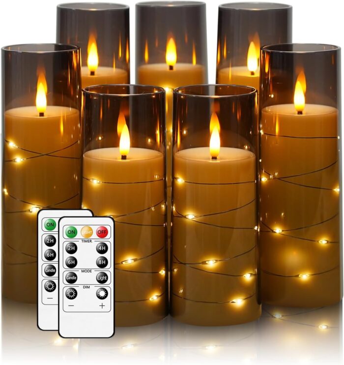 Flameless Candles,with Embedded Star String, Battery Operated Candles Flickering LED Pillar Candles with Remote Control and Timer, Home Decoration Add a Warm and Romantic Atmosphere，Set of 7 (Grey)
