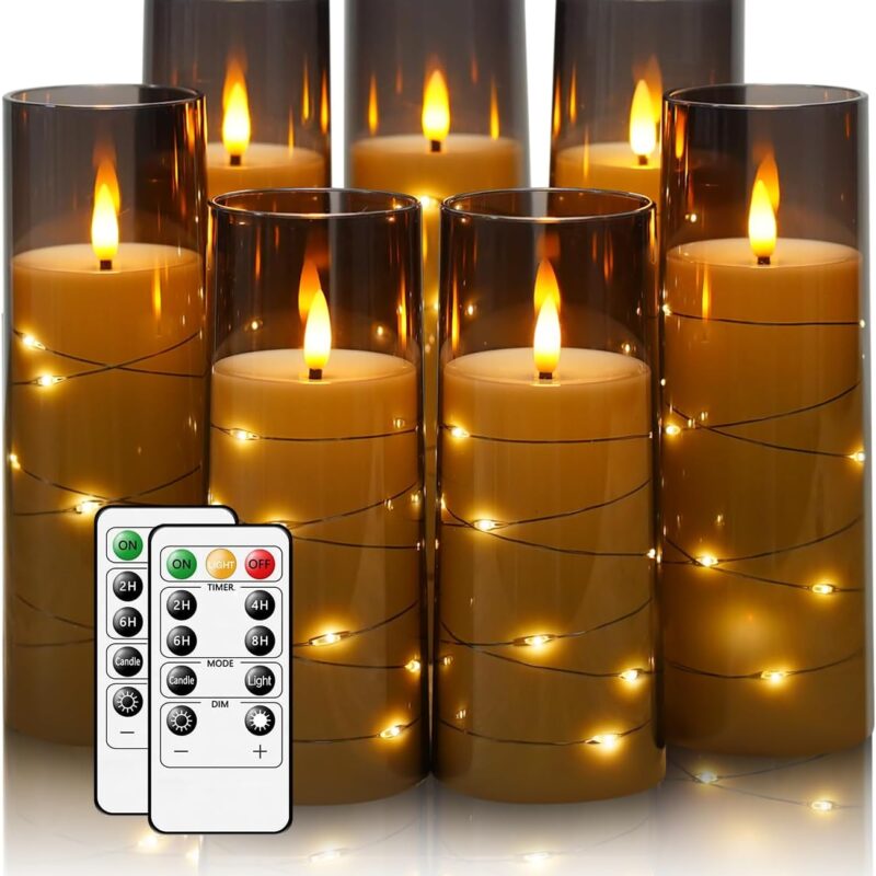 Flameless Candles,with Embedded Star String, Battery Operated Candles Flickering LED Pillar Candles with Remote Control and Timer, Home Decoration Add a Warm and Romantic Atmosphere，Set of 7 (Grey)