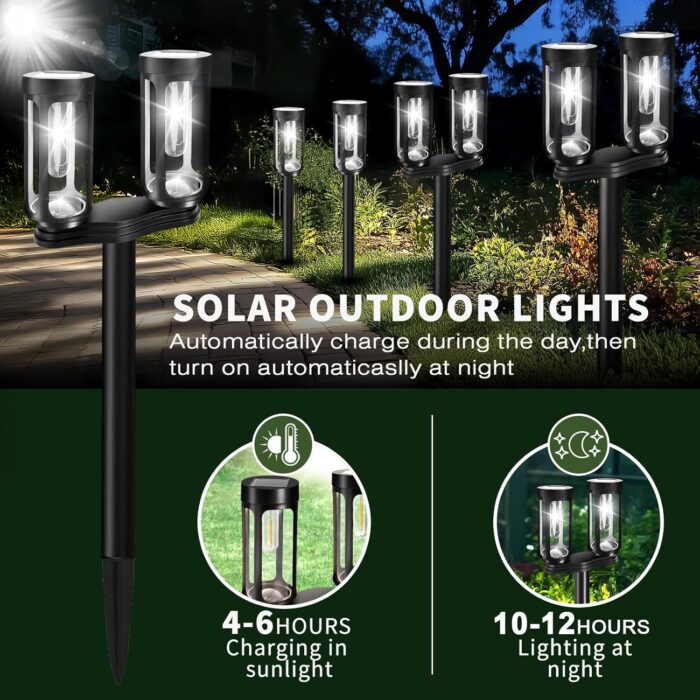 Solar Pathway Lights Outdoor Waterproof, 8 White LED Solar Powered Garden Light Decorations, Auto On/Off Outdoor Light for Yard Patio Lawn Walkway Garden Decor (8 Single or 4 Double Lights) - Image 3