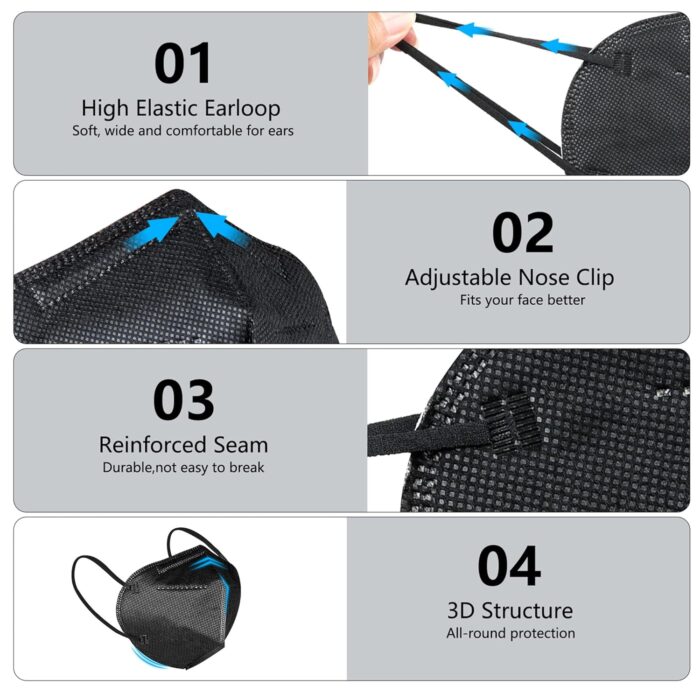 akgk KN95 Face Mask 50 PCS, Breathable Protection Masks, Individually Wrapped, 5-Ply KN95 Black Masks, Cup Dust Safety Masks - Image 4
