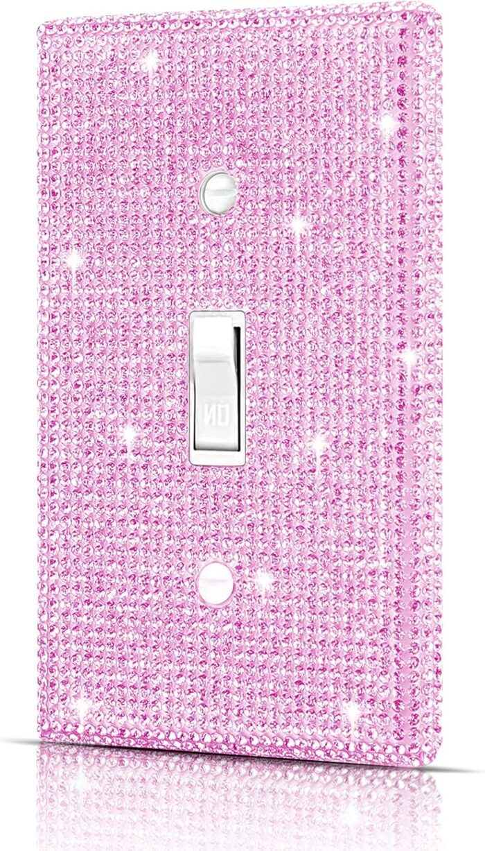Wall Plate Light Switch Cover, Standard Size 4.50" x 2.76", Dengduoduo Silver Pink Rhinestones Bling Decorative Wall Plate Light Switch Outlet Cover for Bedroom Accessories Home Decor