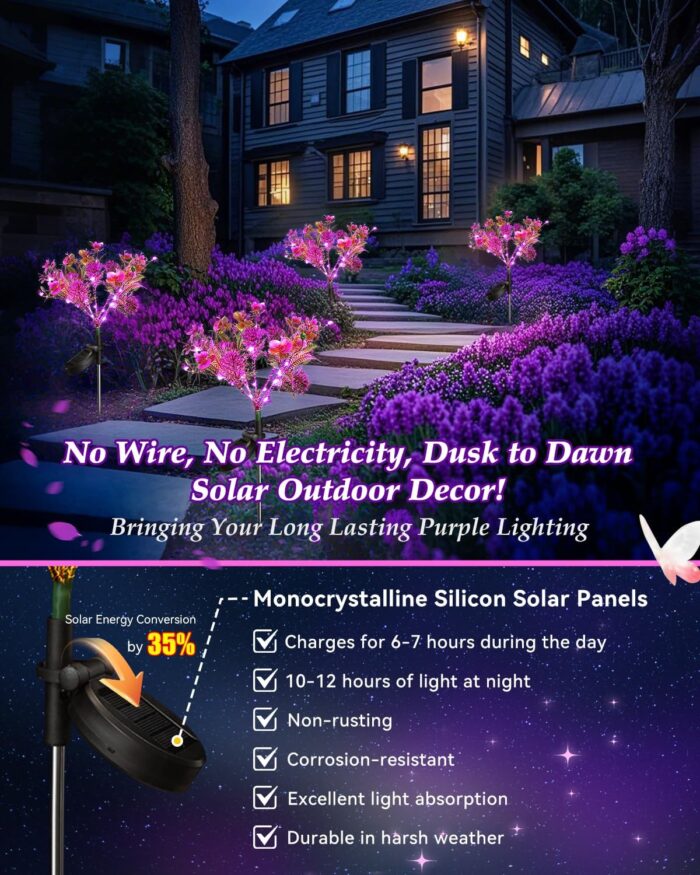 Neporal Solar Garden Lights, 6PK Purple Phalaenopsis Solar Flowers Outdoor Waterproof, Solar Lights Decorative for Garden,Yard Decor, Outdoor Decor - Image 3