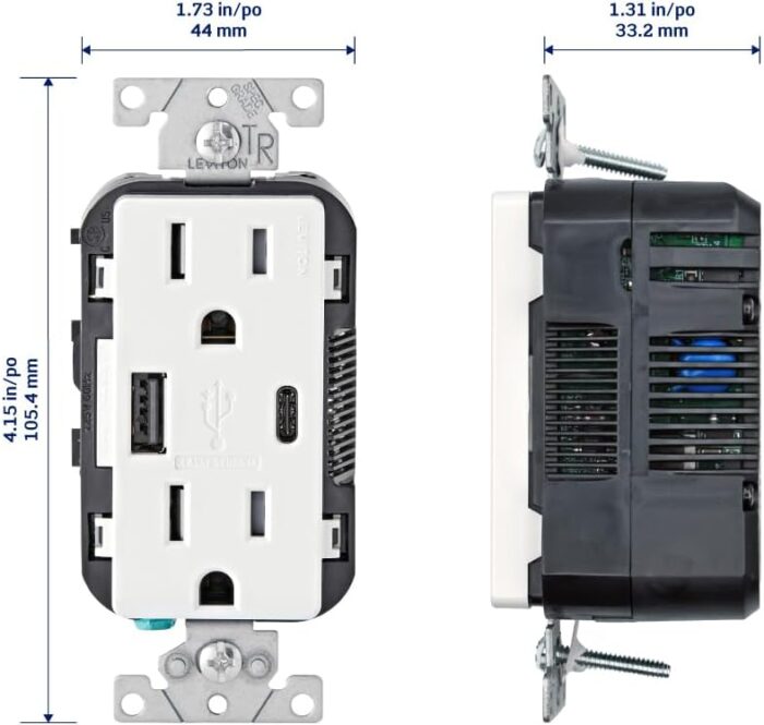Leviton T5633-W Type A & Type-C USB In-Wall Charger with 15A Tamper-Resistant Outlet, USB Charger for Smartphones and Tablets, Not for Laptops, White - Image 2