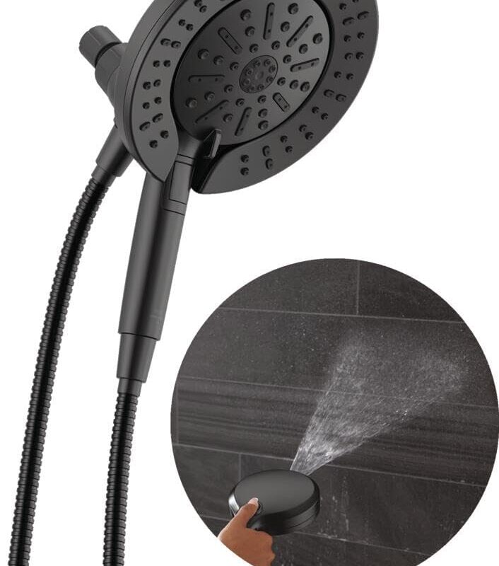 Delta Faucet 6-Setting In2ition 2-in-1 Dual Shower Head with ProClean Spray, Matte Black Round Shower Head with Hose, Hand Held Shower Head, Matte Black 75655BL