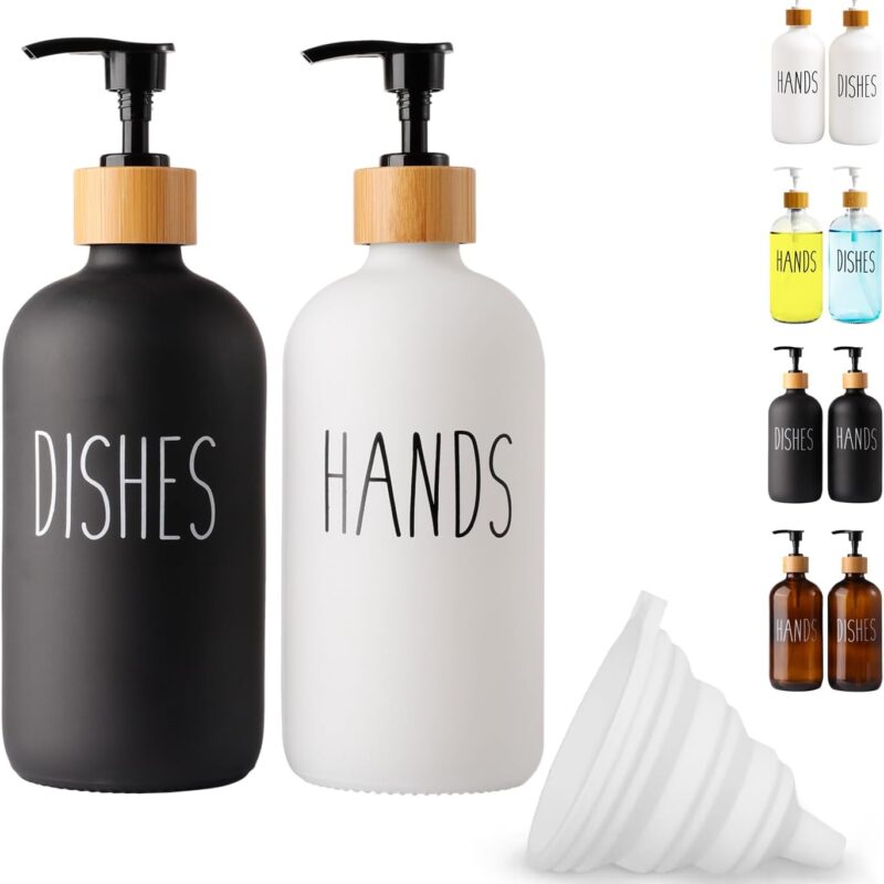 2 Pack Glass Soap Dispenser Set, Hand and Dish Glass Soap Dispensers for Kitchen Sink, Kitchen Soap Dispenser Set Suitable for Black and White Kitchen Décor
