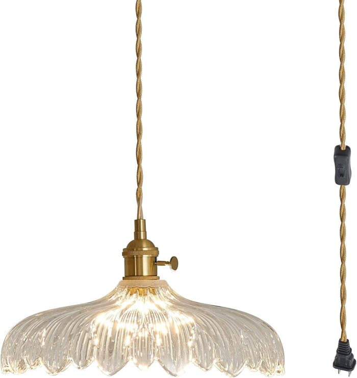 Plug in Pendant Light, Clear Glass Shade Hanging Light, Industrial Pendant Light for Entryway, Dinning Room Lighting Fixture, Bedroom and Kitchen Island with Light Bulb