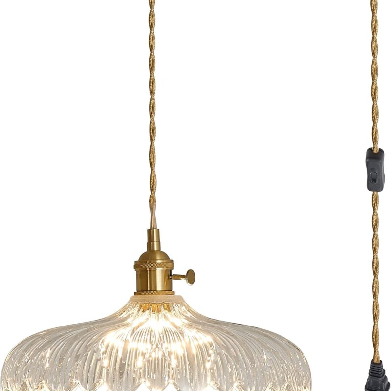 Plug in Pendant Light, Clear Glass Shade Hanging Light, Industrial Pendant Light for Entryway, Dinning Room Lighting Fixture, Bedroom and Kitchen Island with Light Bulb