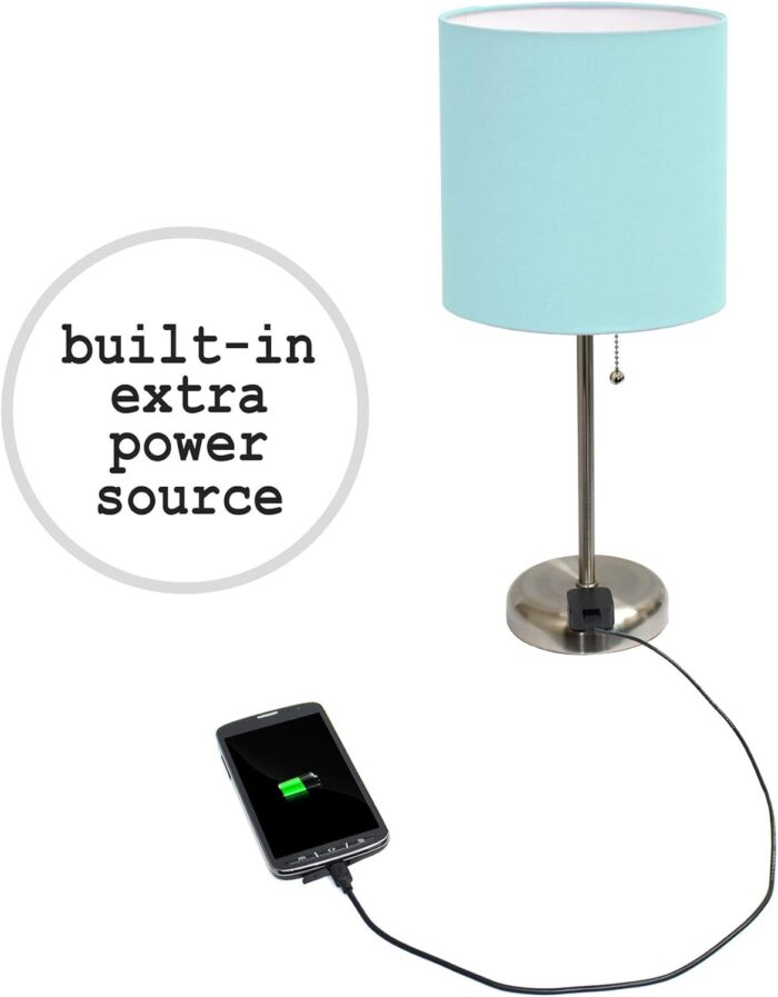 Simple Designs LT2024-AQU Brushed Steel Stick Table Desk Lamp with Charging Outlet and Drum Fabric Shade, Aqua - Image 5