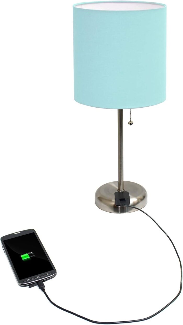 Simple Designs LT2024-AQU Brushed Steel Stick Table Desk Lamp with Charging Outlet and Drum Fabric Shade, Aqua - Image 4